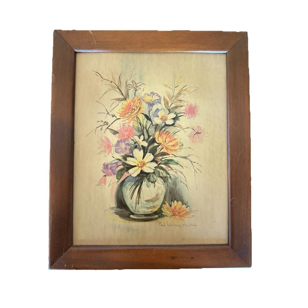 Paul Whitney Hunter VTG  Floral Watercolor Print Framed Wood Key Cabinet Floral